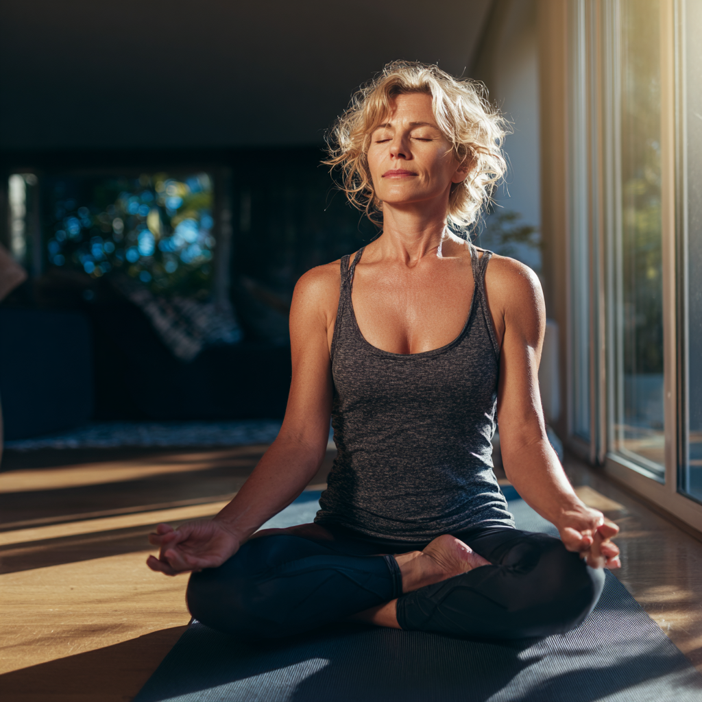 Middle-aged woman practicing yoga in serene indoor environment